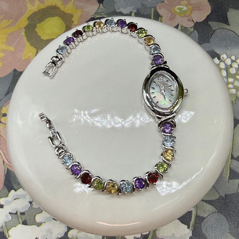 Elgin Mixed Gemstone Tennis Bracelet natural gemstones "S" link watch - Picture 6 of 8